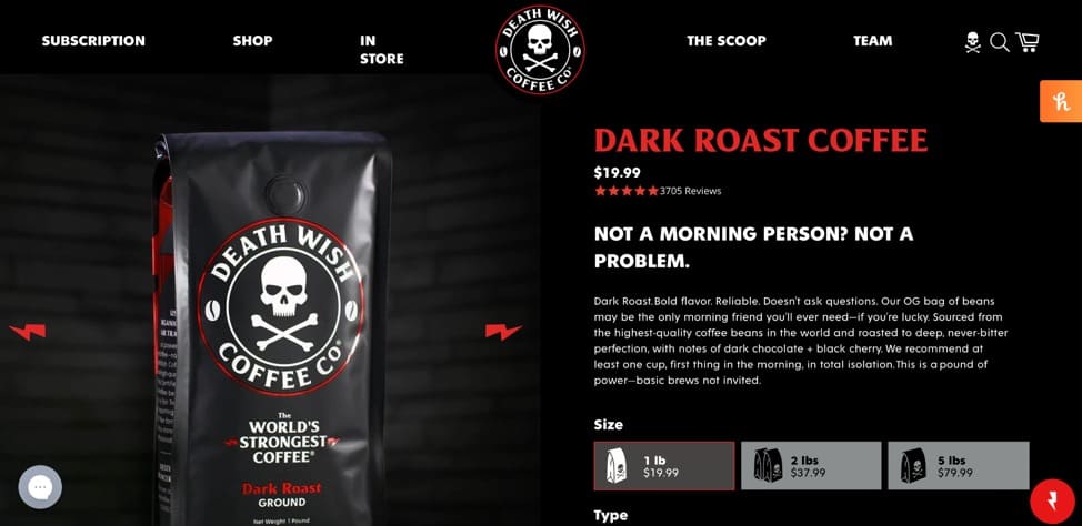 Example of selling angles product page anatomy Death Wish Coffee