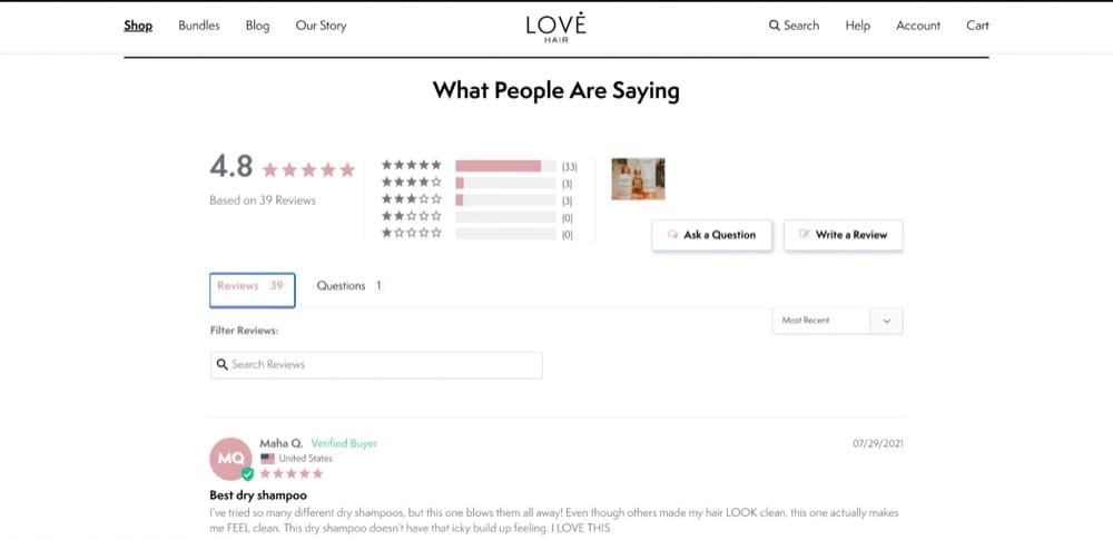 Love Hair’s product page reviews