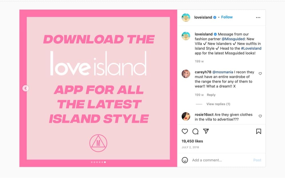 Love Island partnership with Missguided on instagram