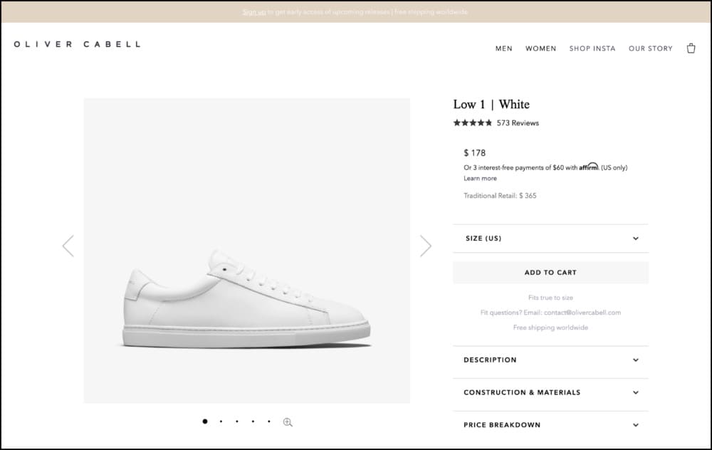 Shopify A/B test example Oliver Cabell Frictionless Commerce Original