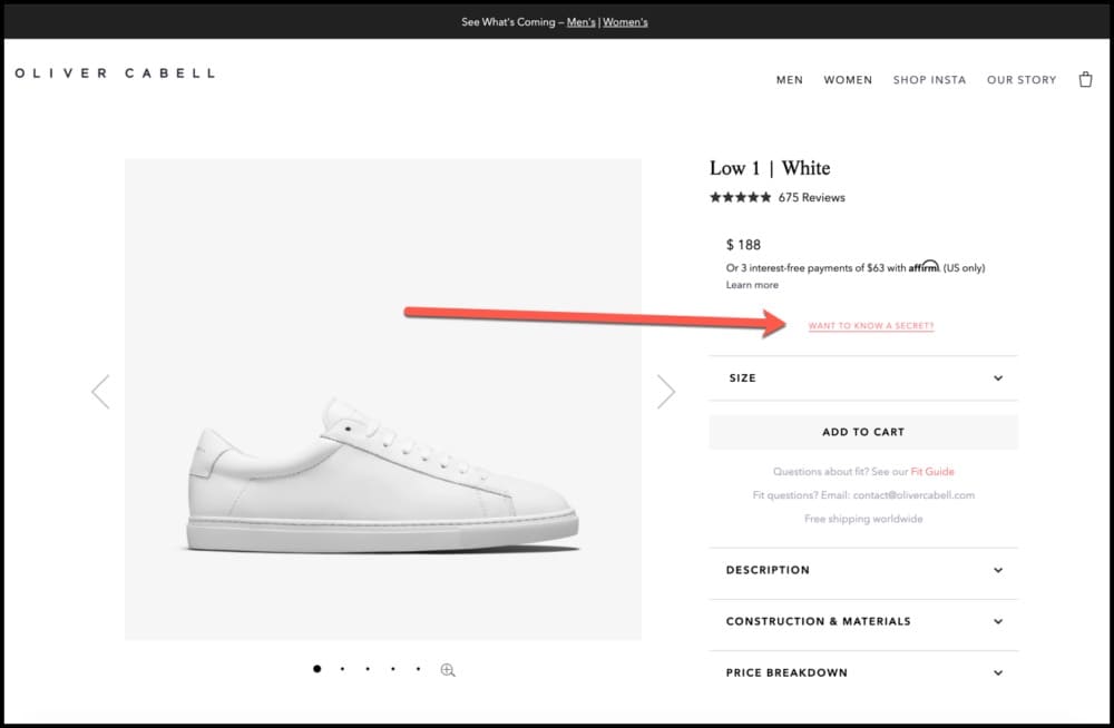 Shopify A/B test example Oliver Cabell Frictionless Commerce Variant