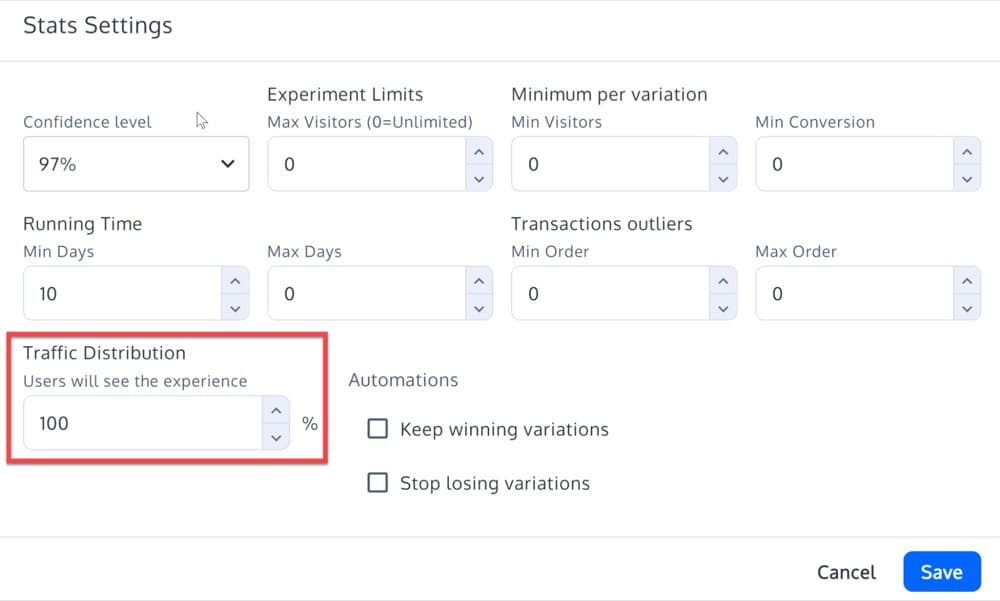 Traffic Distribution settings in Convert Experiences