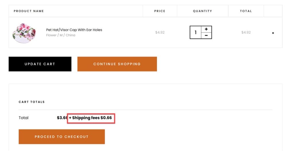 multipage test shipping fees on cart page example
