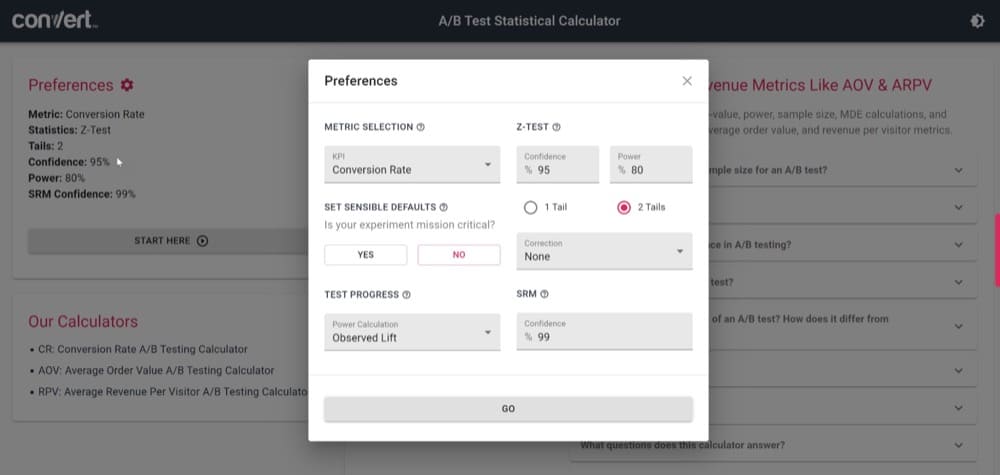 A/B Test Statistical Calculator Preferences in Convert Experiences