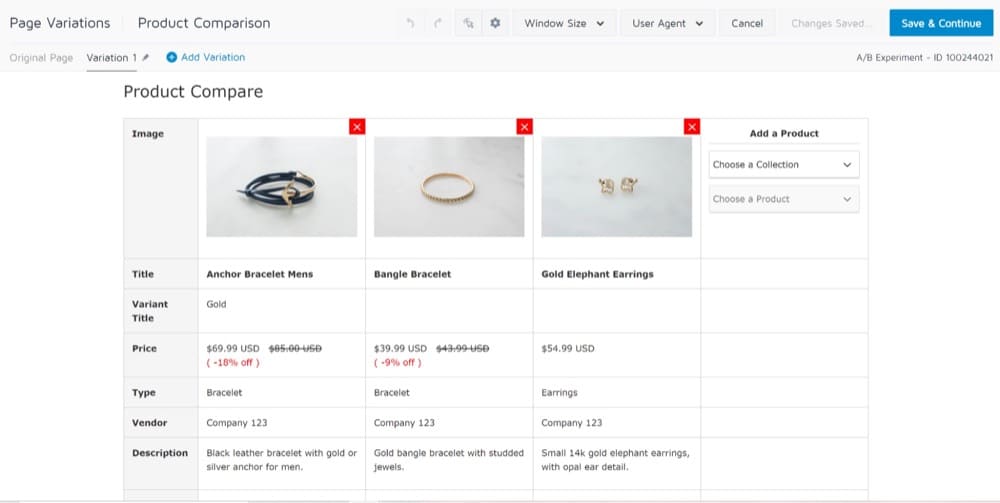Add a product comparison table when running Shopify A/B Tests in Convert Experiences