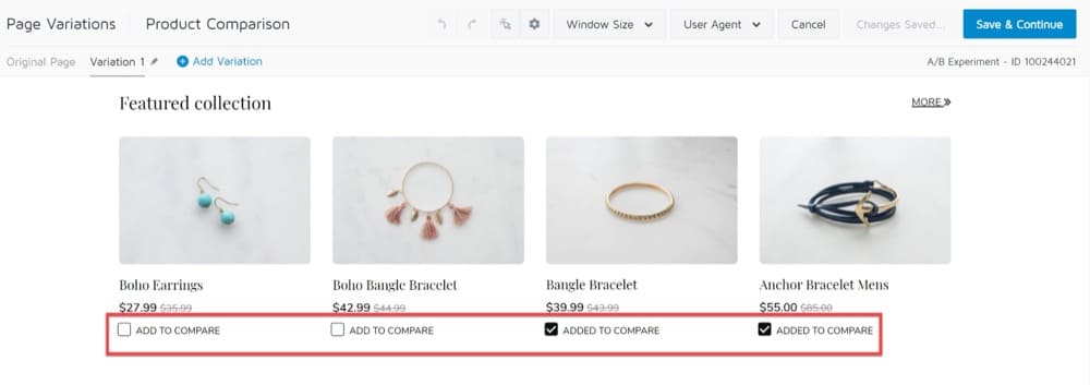 Add a product comparison table when running Shopify A/B Tests in Convert Experiences