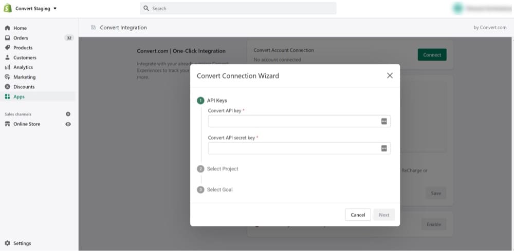 Connect the Shopify app to a Convert Experiences account, to run an A/B test
