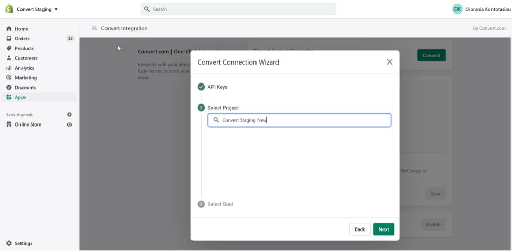 Connect the Shopify app to a Convert Experiences account, to run an A/B test