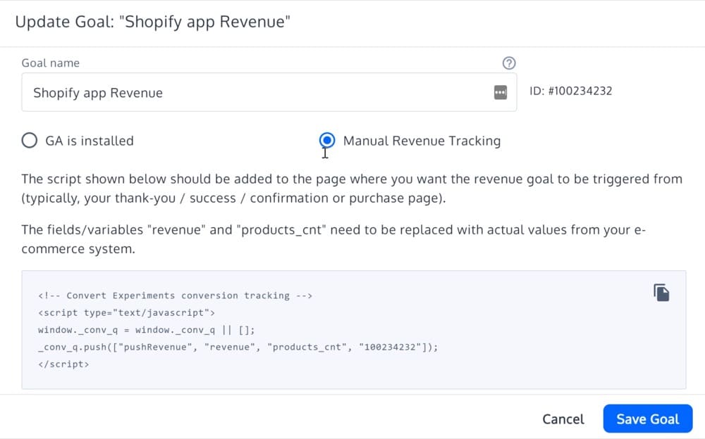 Create a revenue goal in Convert Experiences when setting up Shopify A/B Testing