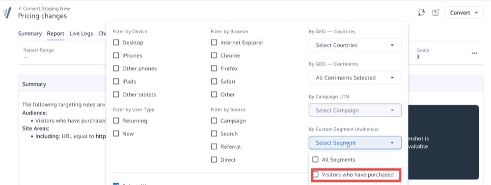 Filter Visitors on a Split URL Test Experience Report in Convert Experiences