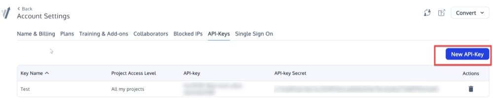 Generate a new API-Key in Convert Experiences to connect to Shopify