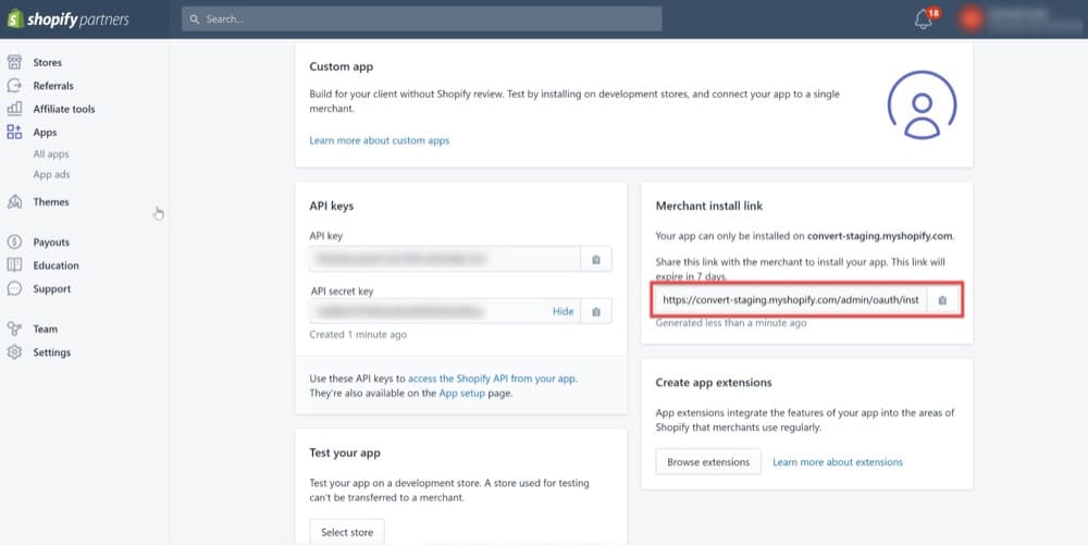 Generate an installer link to set up Shopify A/B testing with Convert Experiences