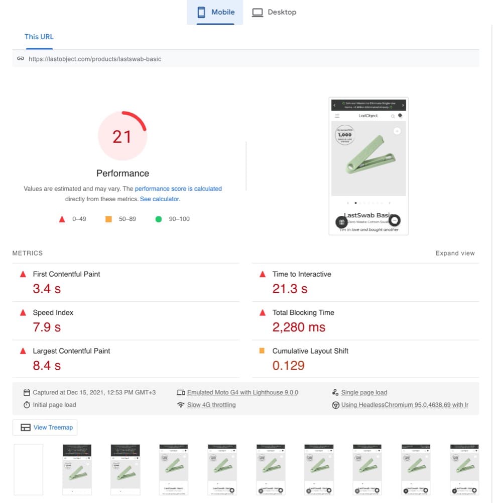 Page Speed Optimization Ecommerce Store Example Before Mobile