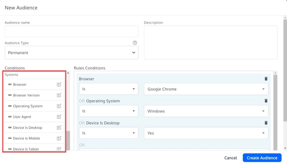 Select Conditions for a New Audience in Convert Experiences