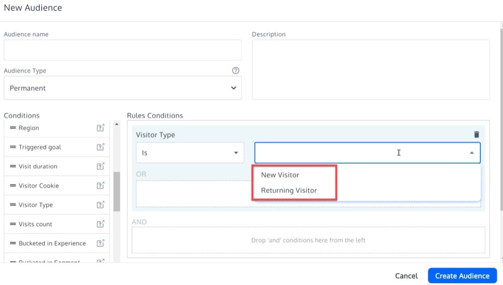 Select a Visitor Type for New Audience in Convert Experiences