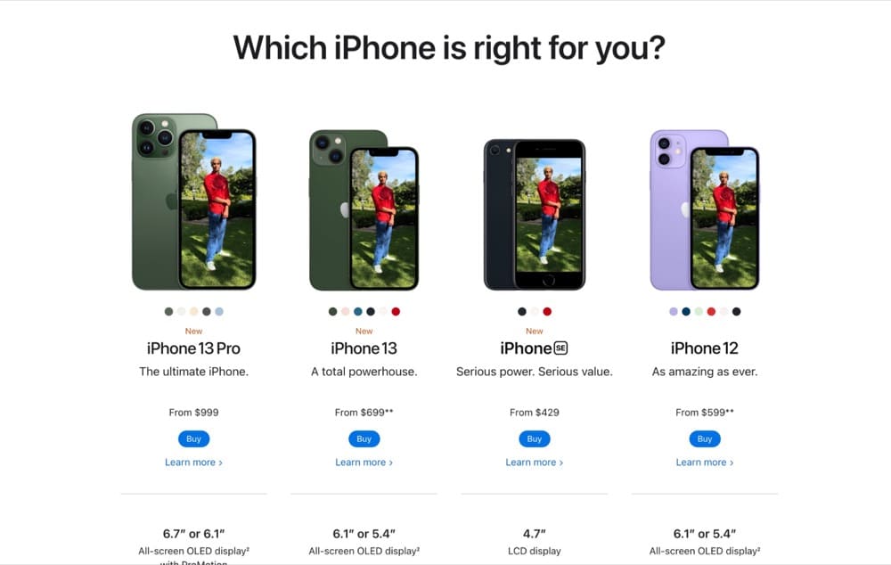 Apple product page analysis comparison chart