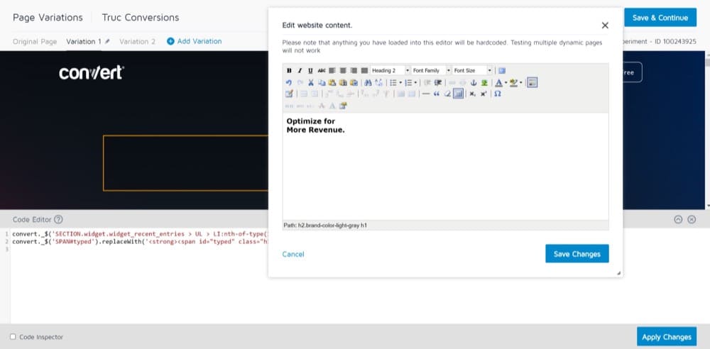 Edit code using Convert's WYSIWYG Visual Editor
