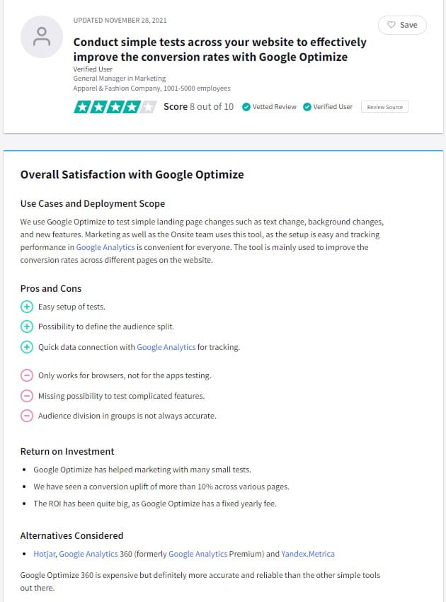 Google Optimize TrustRadius review