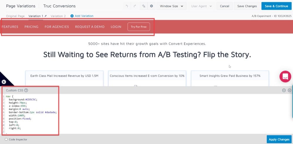 Run an advanced A/B test with custom CSS, using the Convert Visual Editor