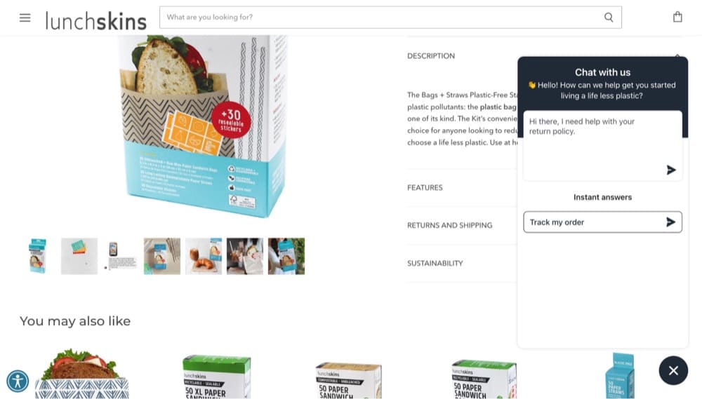 Shopify store example of live chat box LunchSkins