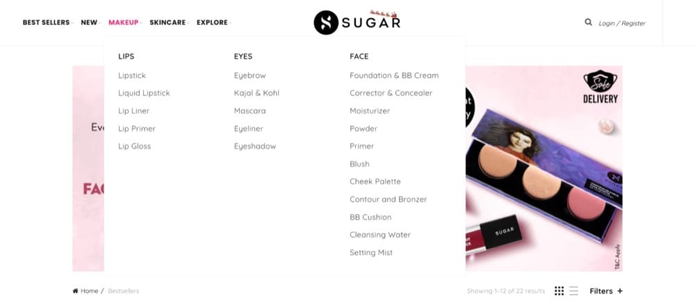example of ecommerce product page Sugar Cosmetics dropdown menu