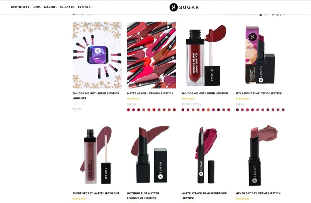 example of ecommerce product page listings Sugar Cosmetics