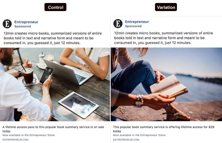 A/B testing Facebook ads example from Entrepreneur