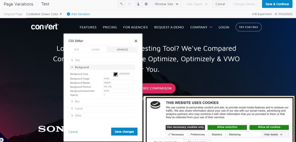 Creating an A/B experience to modify CMP design in Convert Experiences