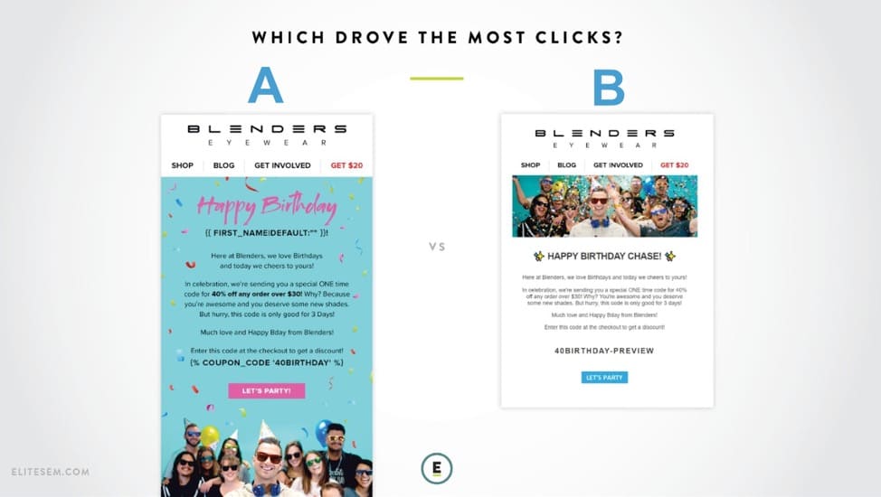 example of email A/B test using different layouts