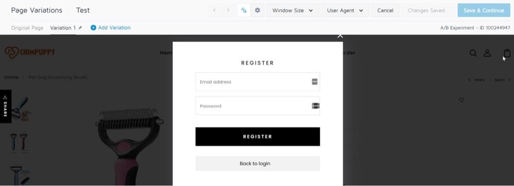Example of product page registration popup