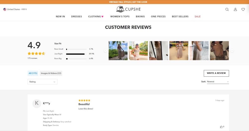 Shopify product page optimization customer reviews with pictures Cupshe