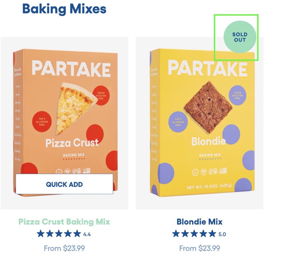 Shopify A/B test collection page idea product badges partakefoods.com example