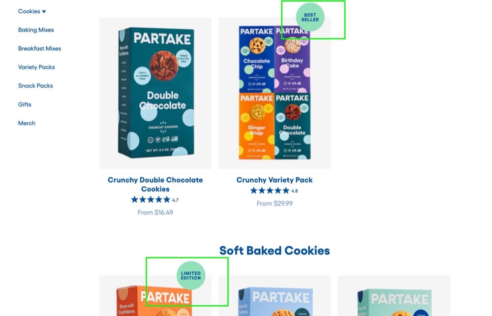 Shopify A/B test collection page idea product badges partakefoods.com