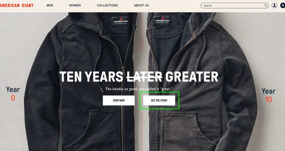 Shopify Store A/B Test Idea Homepage Founder's Story American Giant
