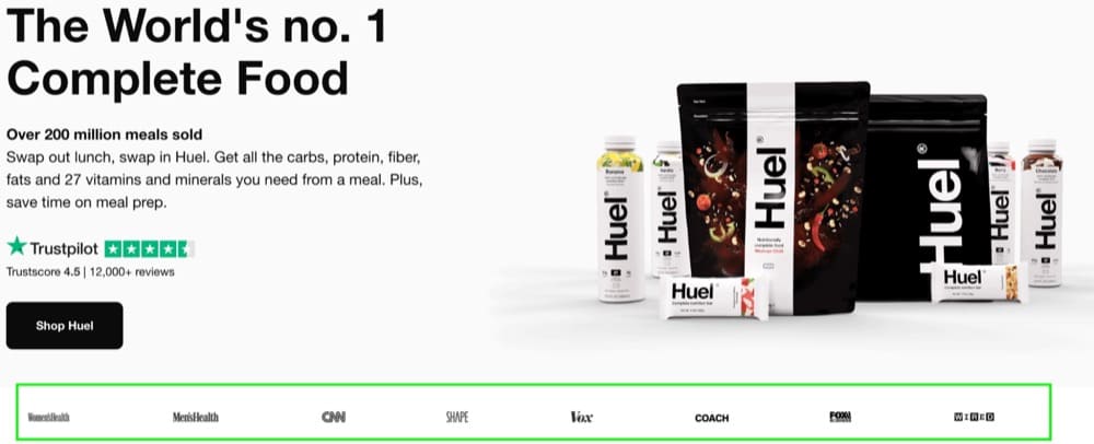 Shopify Store A/B Test Idea Homepage Press Media Mentions below Hero Section Example Huel