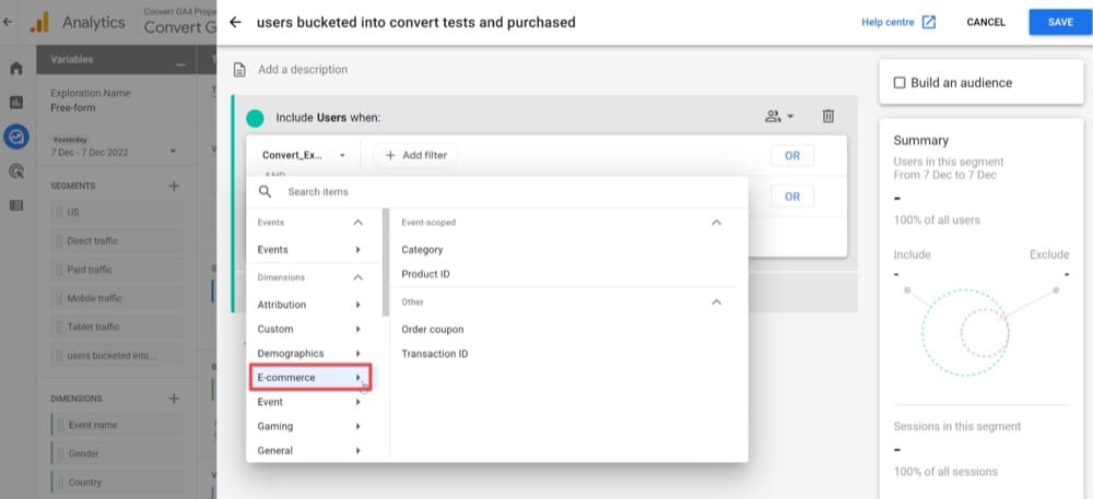 you can create a segment for users who participated in experiences and made a purchase