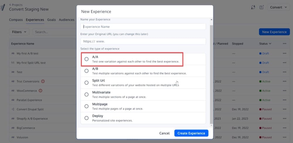 A/A testing in Convert Experiences