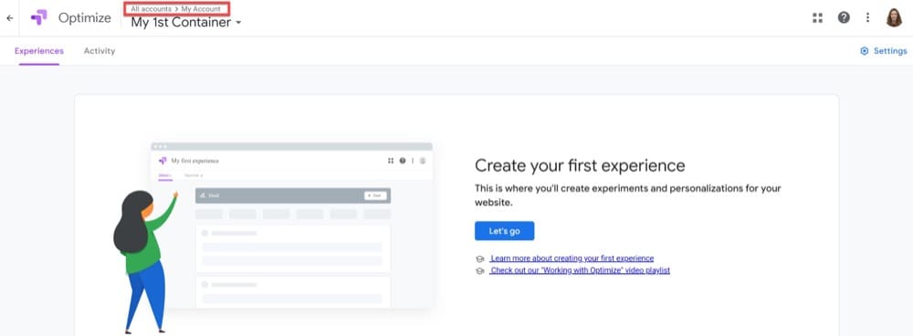 An example of Google Optimize account