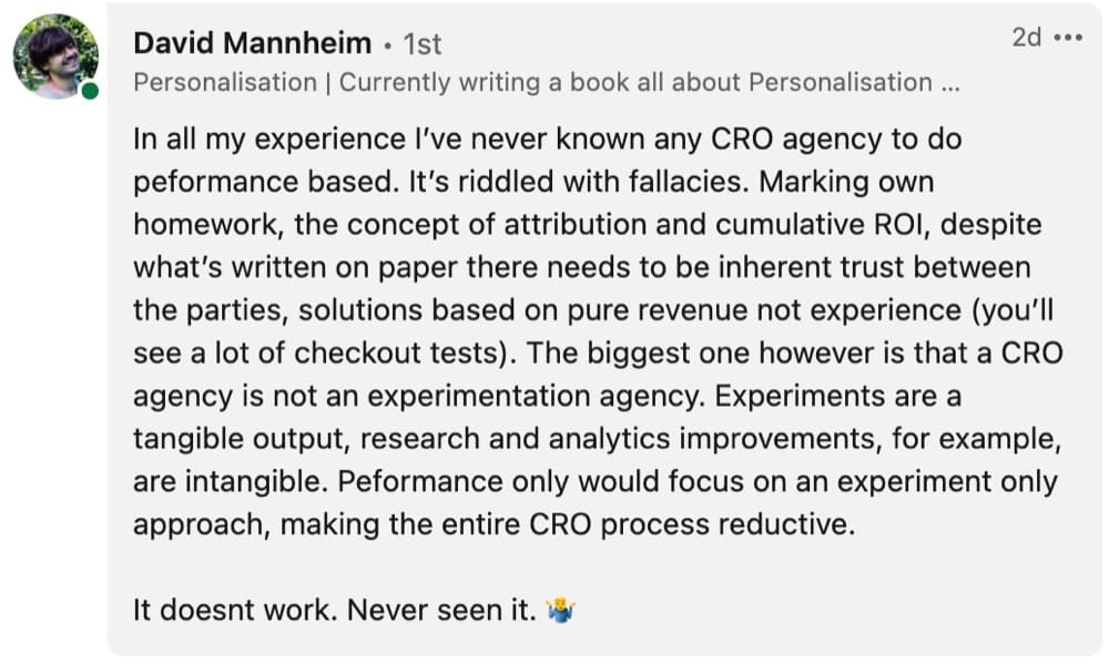 David Mannheim opinion of performance-based and retainer pricing models for CRO agencies
