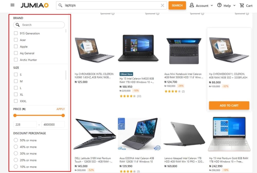 Faceted navigation (Source: Jumia)