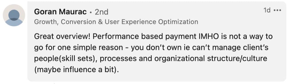 Goran Maurac opinion of performance-based and retainer pricing models for CRO agencies