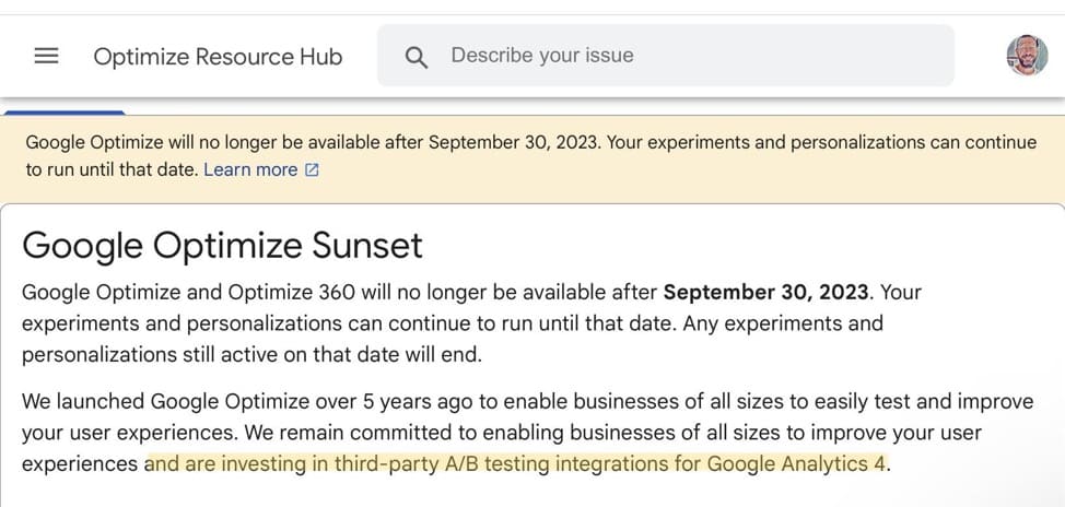 Google Optimize Sunset end date