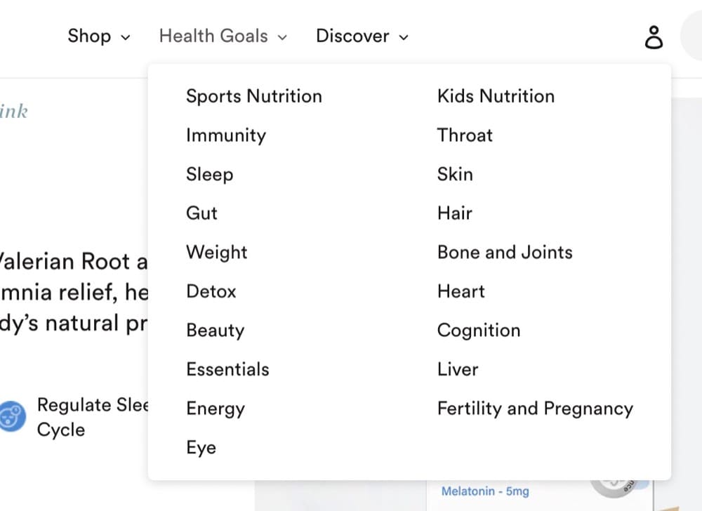 Product page example Wellbeing Nutrition navigation