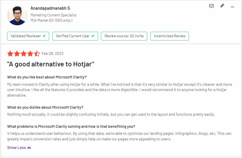 behavior analytics tool Microsoft Clarity positive review