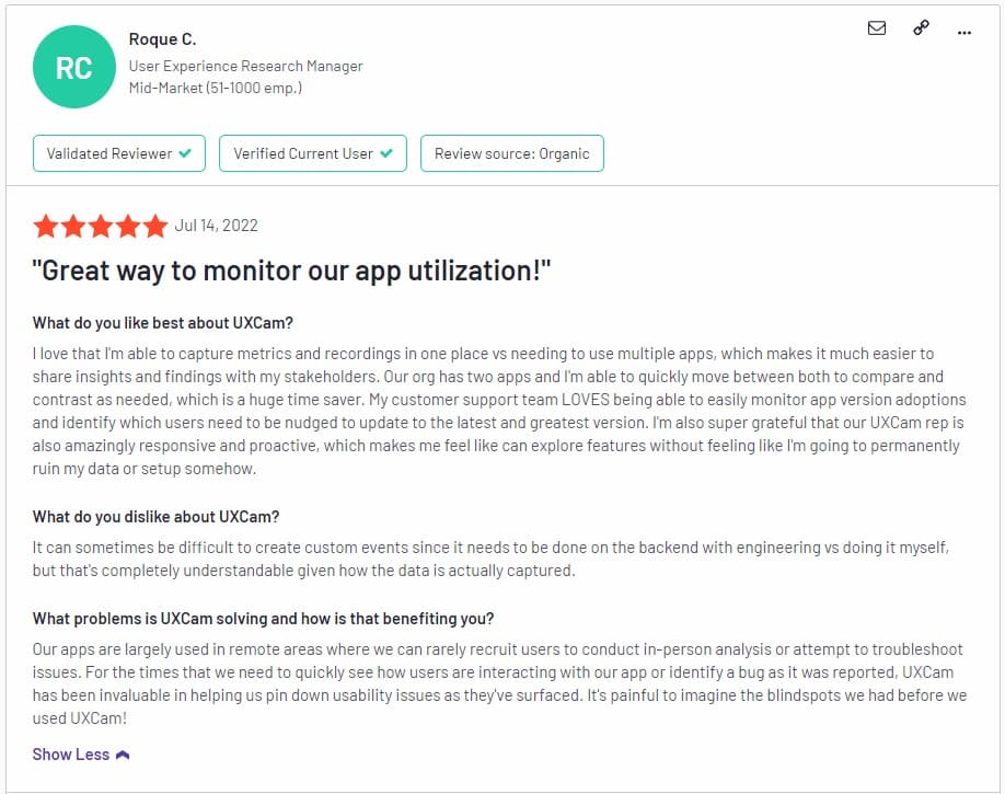 mobile heatmapping tool UXCam positive review