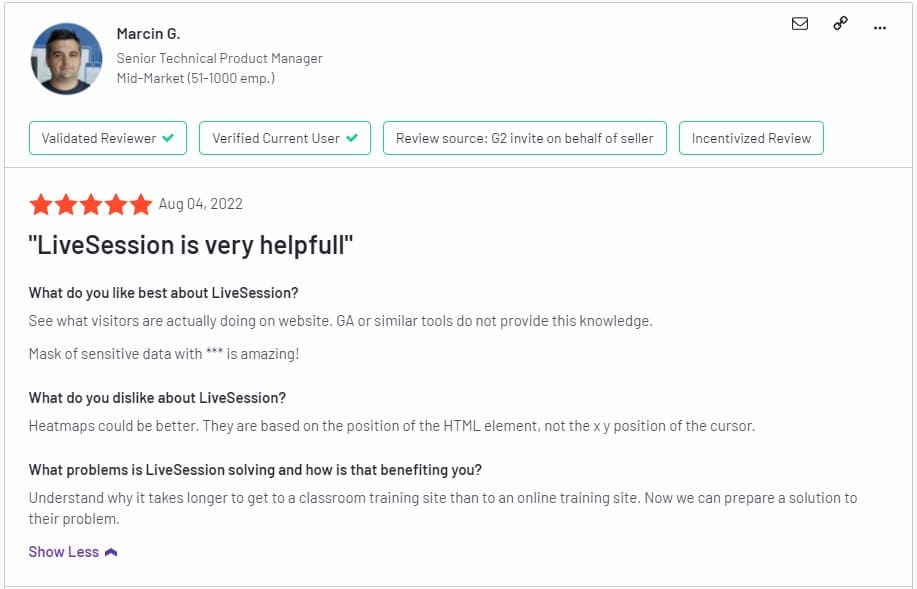  user behavior analytics tool LiveSession positive review