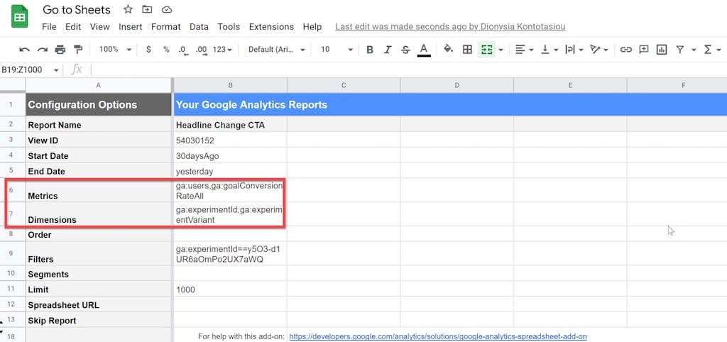 Create new GA report Google Sheets example