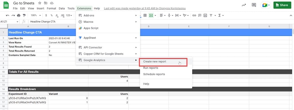 Create new GA report Google Sheets
