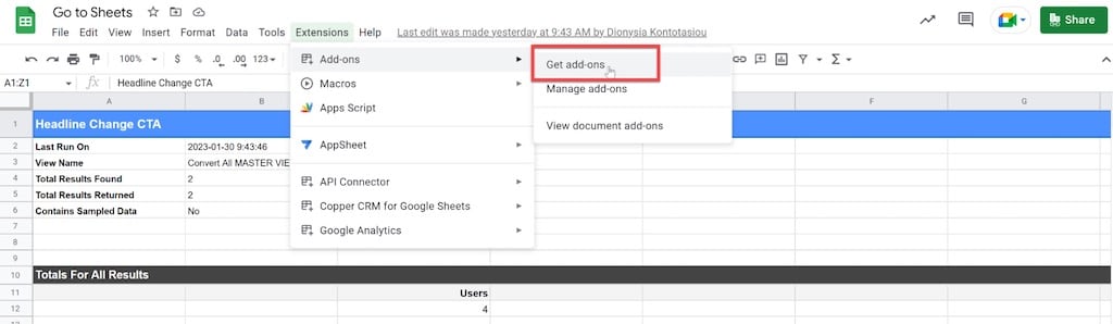 Free Google Analytics Add-on Google Sheets