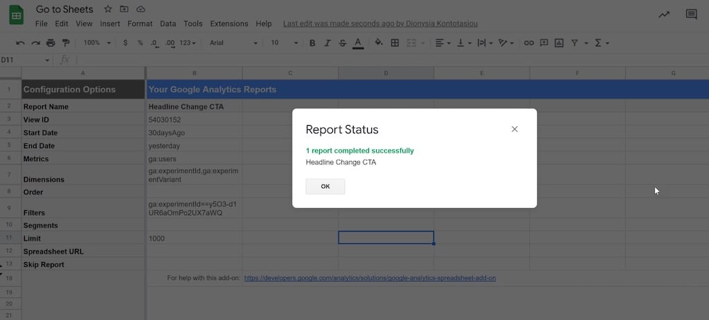GA report Google Sheets report status popup